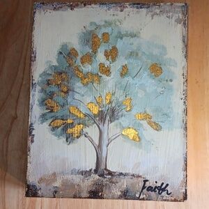 Beautiful gold baby blue hand painted tree of faith decoration